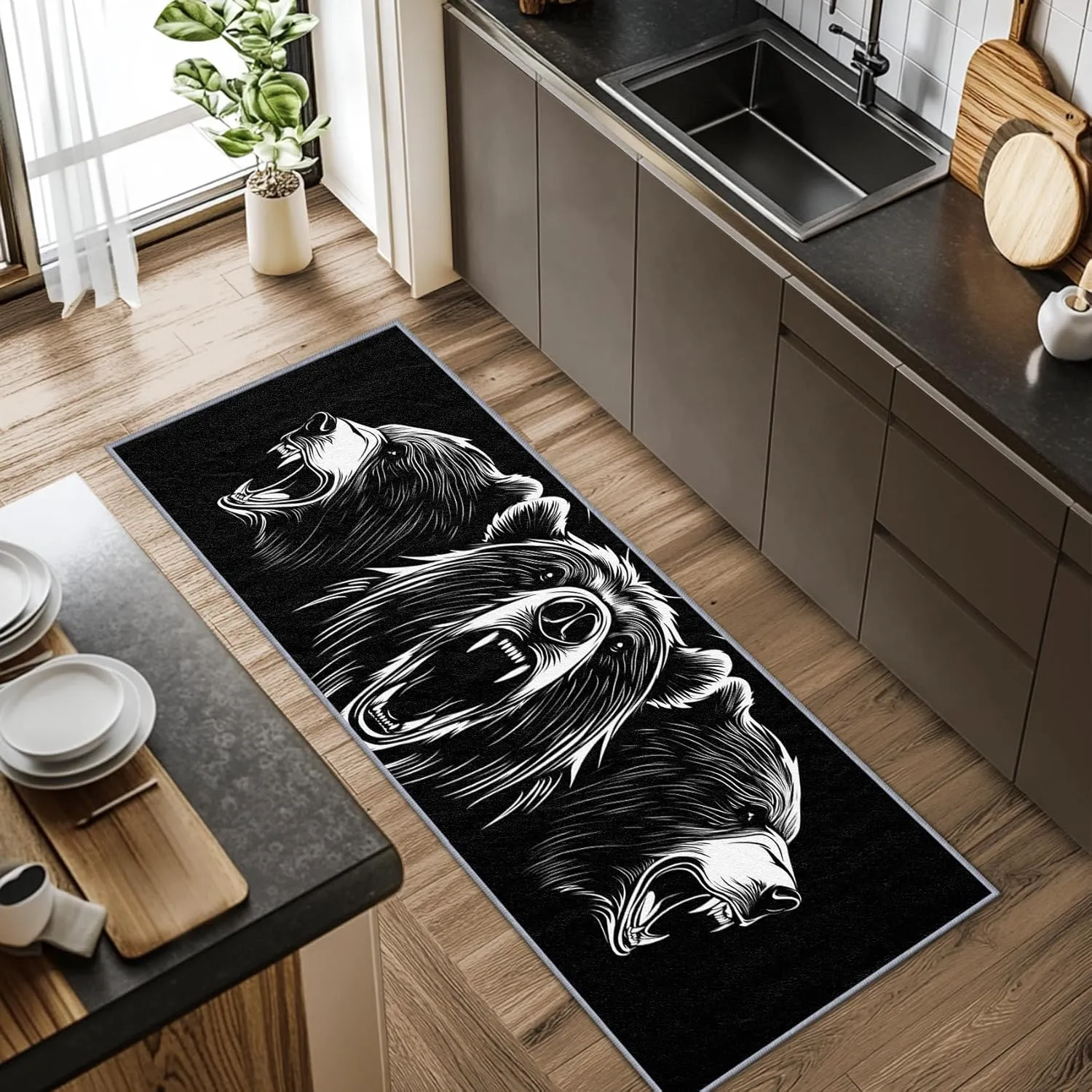 Bear Rugs for Cabin, Bear Runner Rug, 2x8ft, Grizzly Bear Man Cave Black and White Runner Rugs, Cabin Animal Easy Clean Washable Runners Carpet - Bear Home Decor