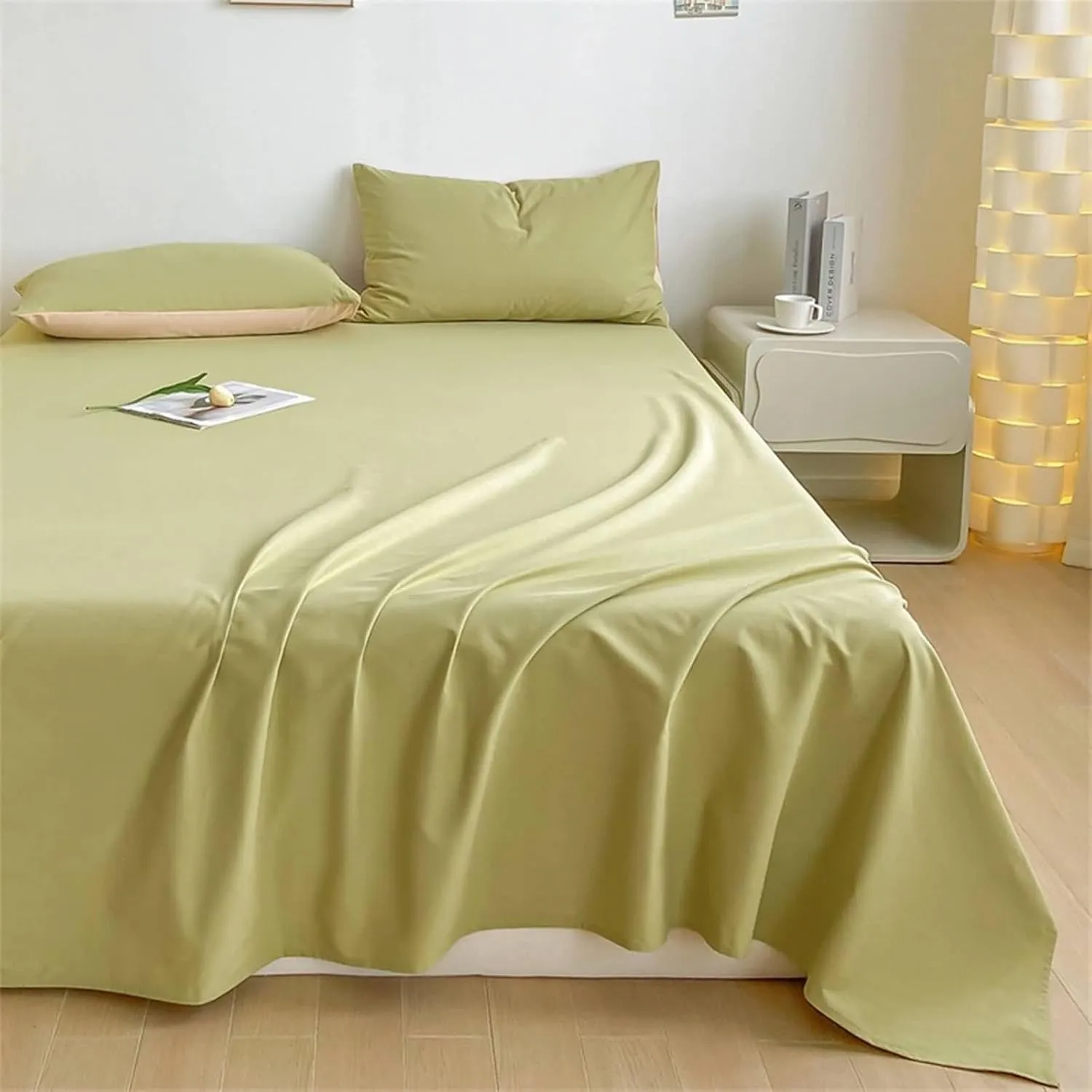 Bed Flat Sheets, Yellow Green Bed Sheet 1 Piece Solid Color Simple Cotton Bedsheet with 2 Pillowcases Shrinkage Fade Resistant, Yellow Green, 79"x 91"