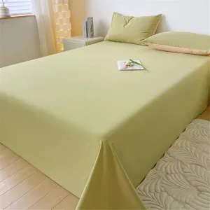 Bed Flat Sheets, Yellow Green Bed Sheet 1 Piece Solid Color Simple Cotton Bedsheet with 2 Pillowcases Shrinkage Fade Resistant, Yellow Green, 79"x 91"