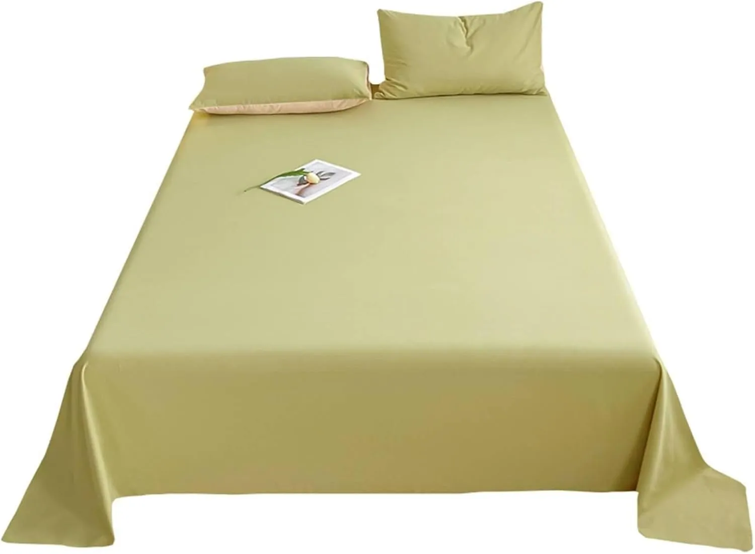 Bed Flat Sheets, Yellow Green Bed Sheet 1 Piece Solid Color Simple Cotton Bedsheet with 2 Pillowcases Shrinkage Fade Resistant, Yellow Green, 79"x 91"