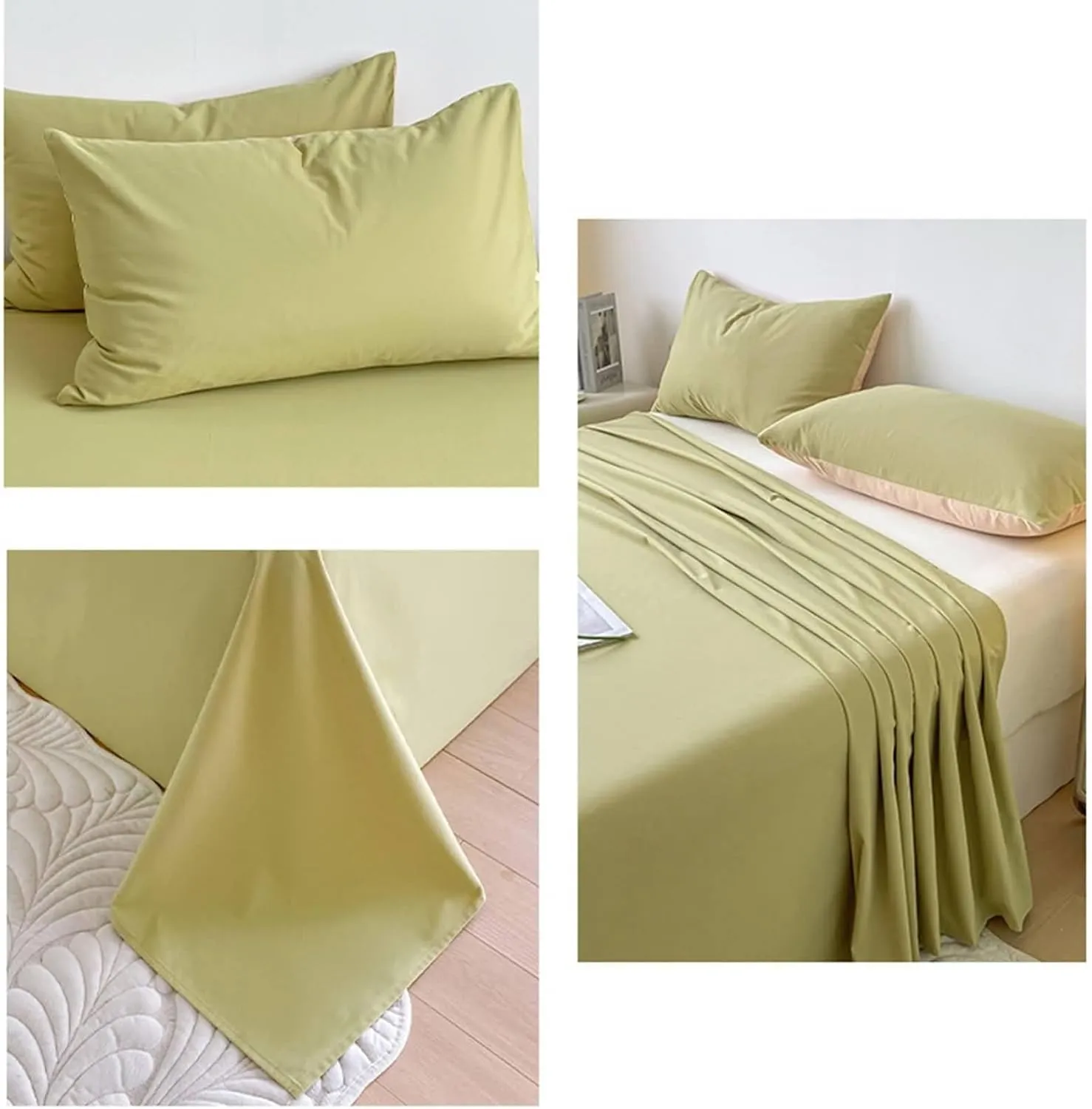 Bed Flat Sheets, Yellow Green Bed Sheet 1 Piece Solid Color Simple Cotton Bedsheet with 2 Pillowcases Shrinkage Fade Resistant, Yellow Green, 79"x 91"