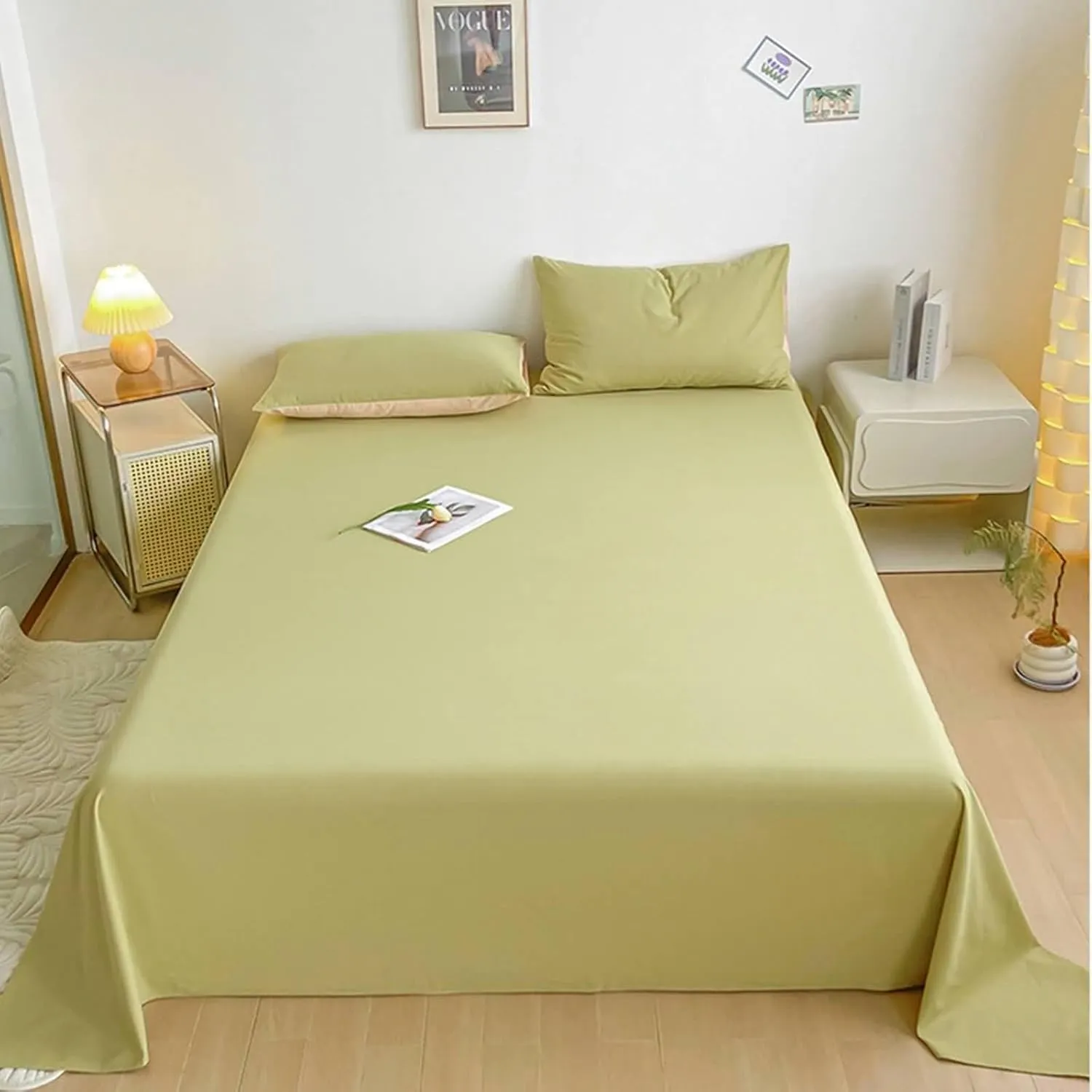Bed Flat Sheets, Yellow Green Bed Sheet 1 Piece Solid Color Simple Cotton Bedsheet with 2 Pillowcases Shrinkage Fade Resistant, Yellow Green, 79"x 91"