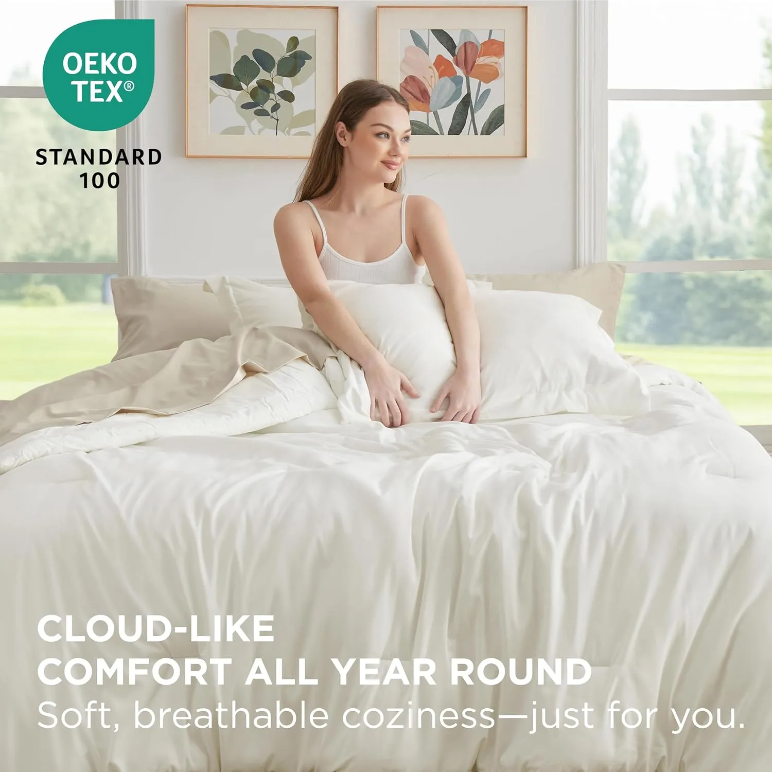 Bedsure Queen Comforter Set - 7 Pieces White Queen Bedding Set for All Seasons, Boho Contrasting Design Bed in a Bag with Comforter, Sheets, Pillowcases & Shams