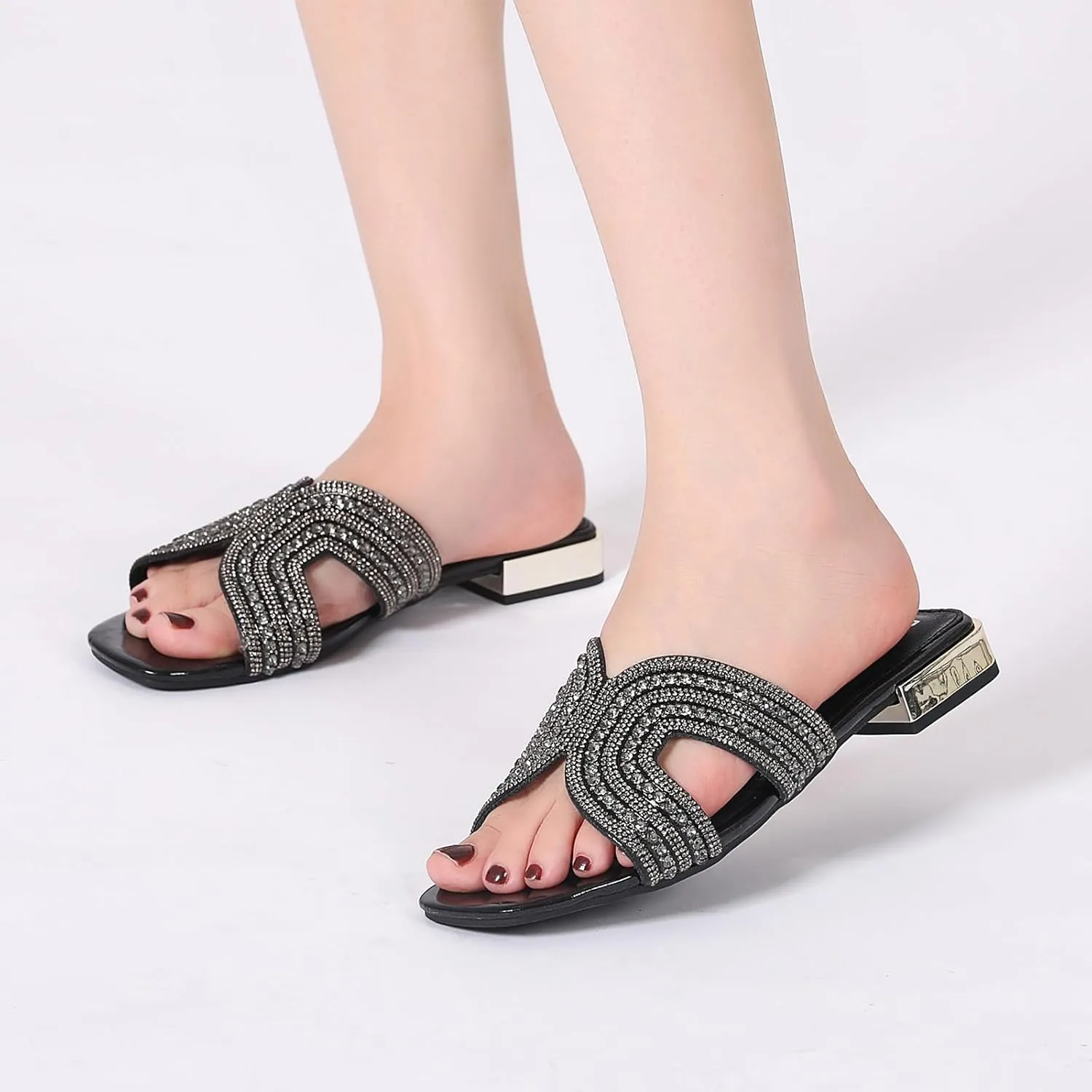 Bernal Women Sparkle Rhinestone Slide Sandals Fashion Outdoor Slip On H-Band Flat Slippers Summer Beach Sandals