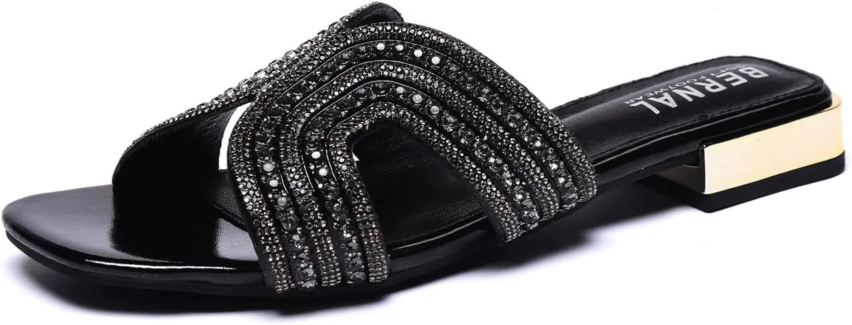 Bernal Women Sparkle Rhinestone Slide Sandals Fashion Outdoor Slip On H-Band Flat Slippers Summer Beach Sandals