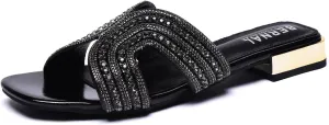 Bernal Women Sparkle Rhinestone Slide Sandals Fashion Outdoor Slip On H-Band Flat Slippers Summer Beach Sandals