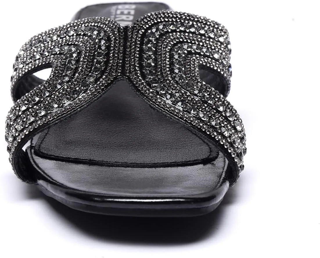 Bernal Women Sparkle Rhinestone Slide Sandals Fashion Outdoor Slip On H-Band Flat Slippers Summer Beach Sandals