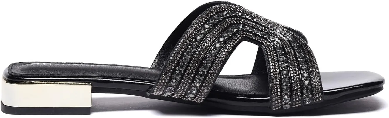 Bernal Women Sparkle Rhinestone Slide Sandals Fashion Outdoor Slip On H-Band Flat Slippers Summer Beach Sandals