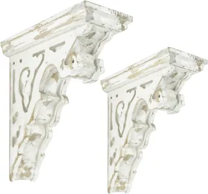BIG FORTUNE Set of 2 Corbels for Shelves Wood Corbels Decorative L7.2X W3.1x H7.8 Inches Shelf Brackets Wooden Vintage Shelf Farmhouse Decor White Floating Wall Shelf Long