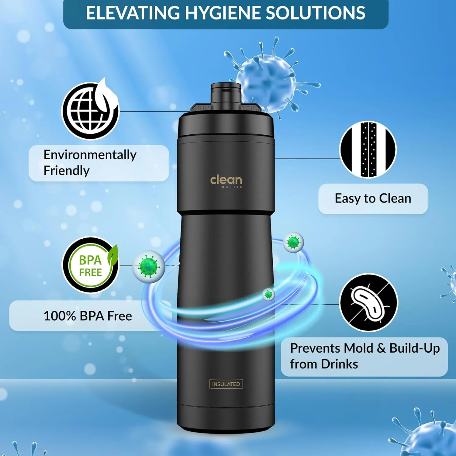 Bike Water Bottles | Insulated Bike Water Bottle | Easy Clean Nozzle, Easy Squeeze | Cycling Mountain Fitness Water Bottle | Gym Sport Bottle | (Black, Sport 23)