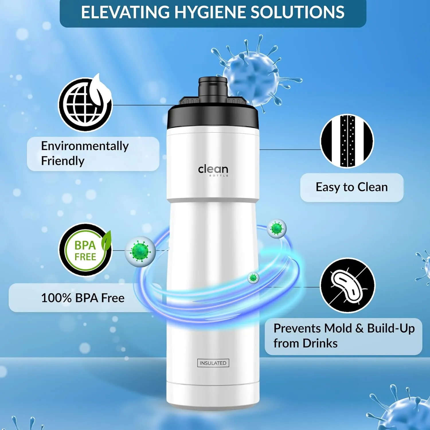 Bike Water Bottles | Insulated Bike Water Bottle | Easy Clean Nozzle, Easy Squeeze | Cycling Mountain Fitness Water Bottle | Gym Sport Bottle (White)