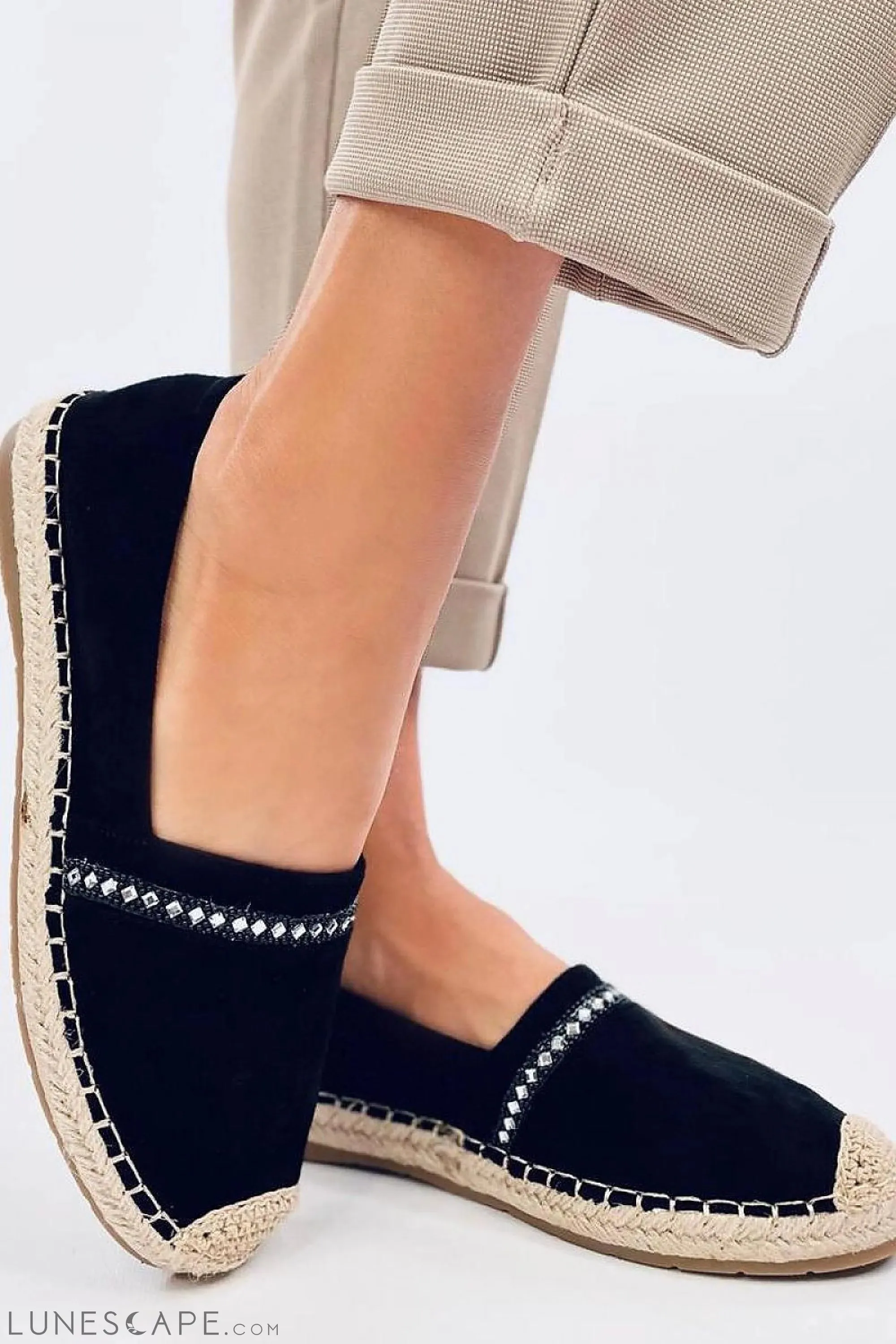 Black Eco-Suede Espadrilles with Crystal Detail and Natural Jute Braided Sole