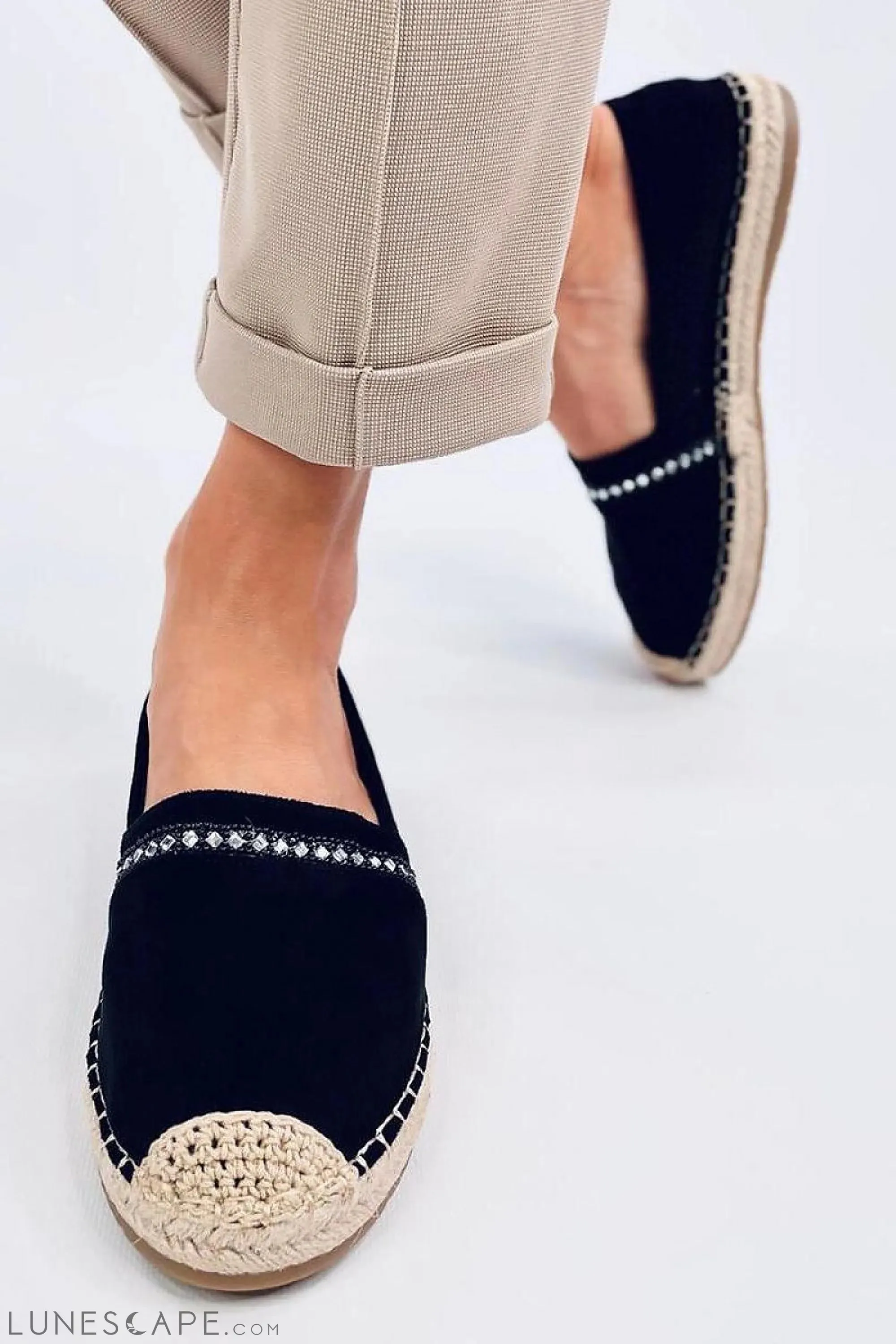 Black Eco-Suede Espadrilles with Crystal Detail and Natural Jute Braided Sole