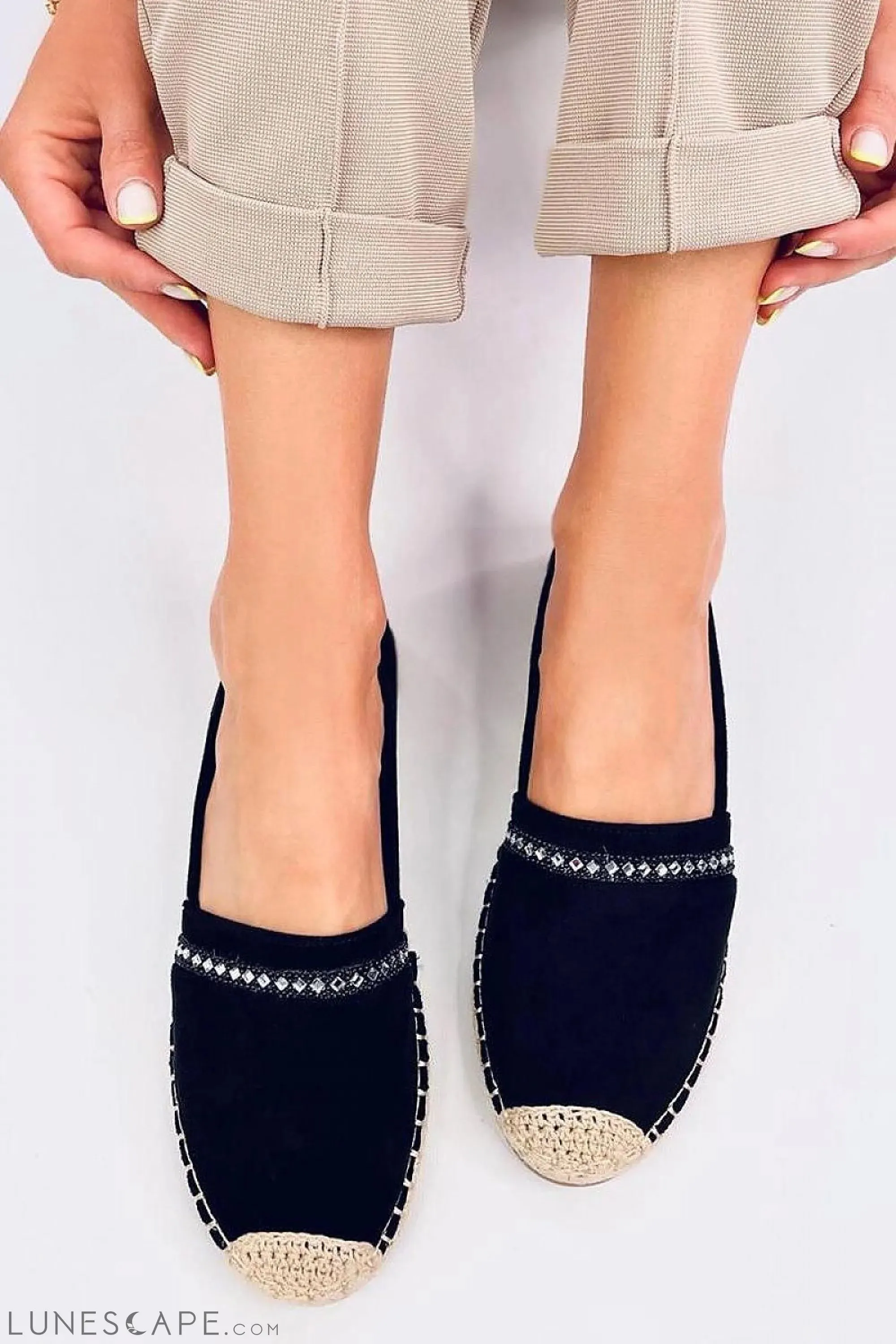 Black Eco-Suede Espadrilles with Crystal Detail and Natural Jute Braided Sole