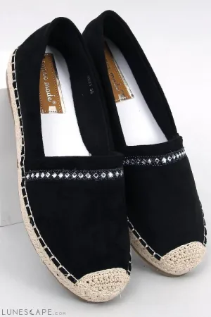 Black Eco-Suede Espadrilles with Crystal Detail and Natural Jute Braided Sole
