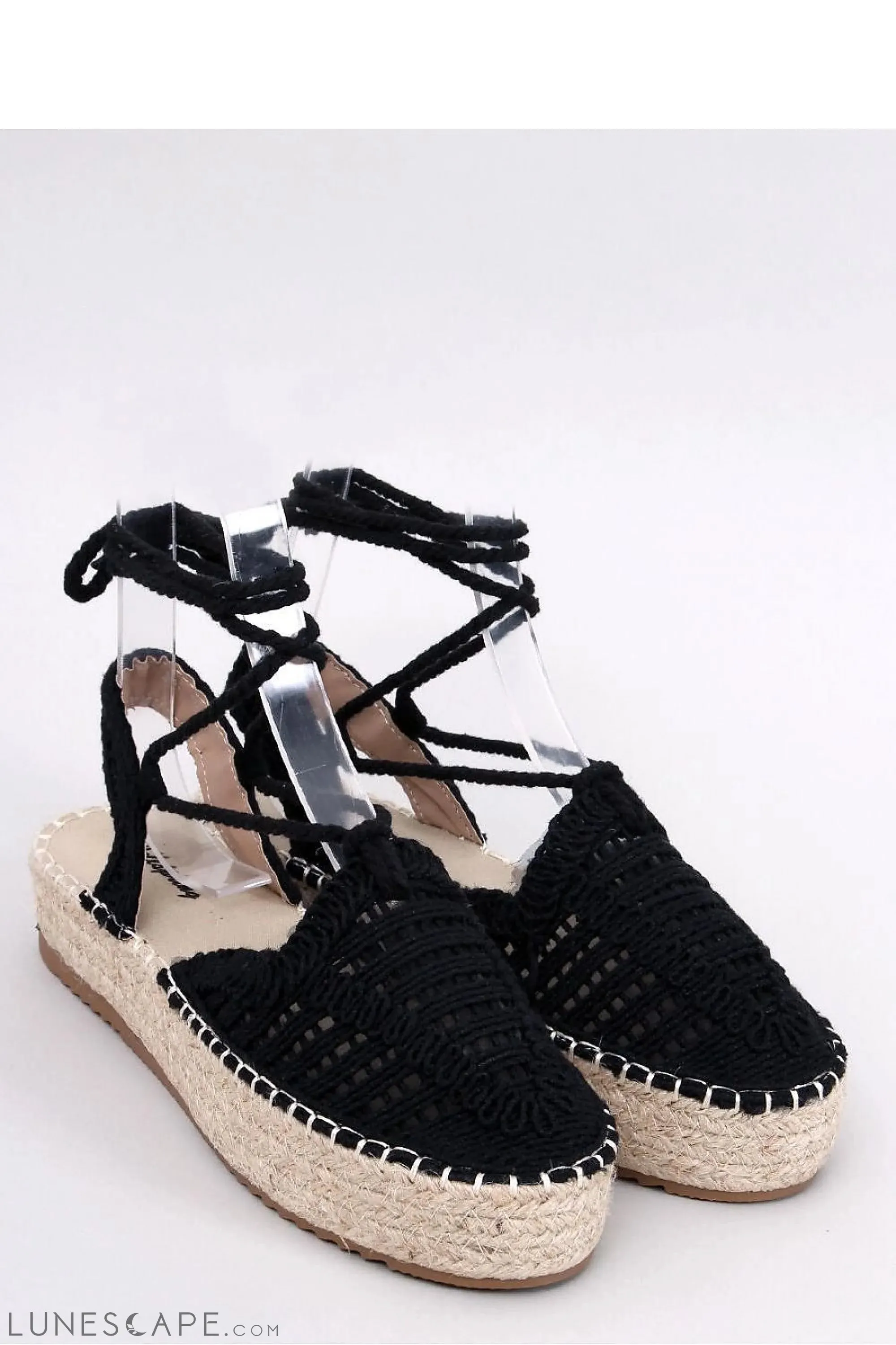 Black Macramé Tie-Up Espadrille Sandals with Braided Jute Platform