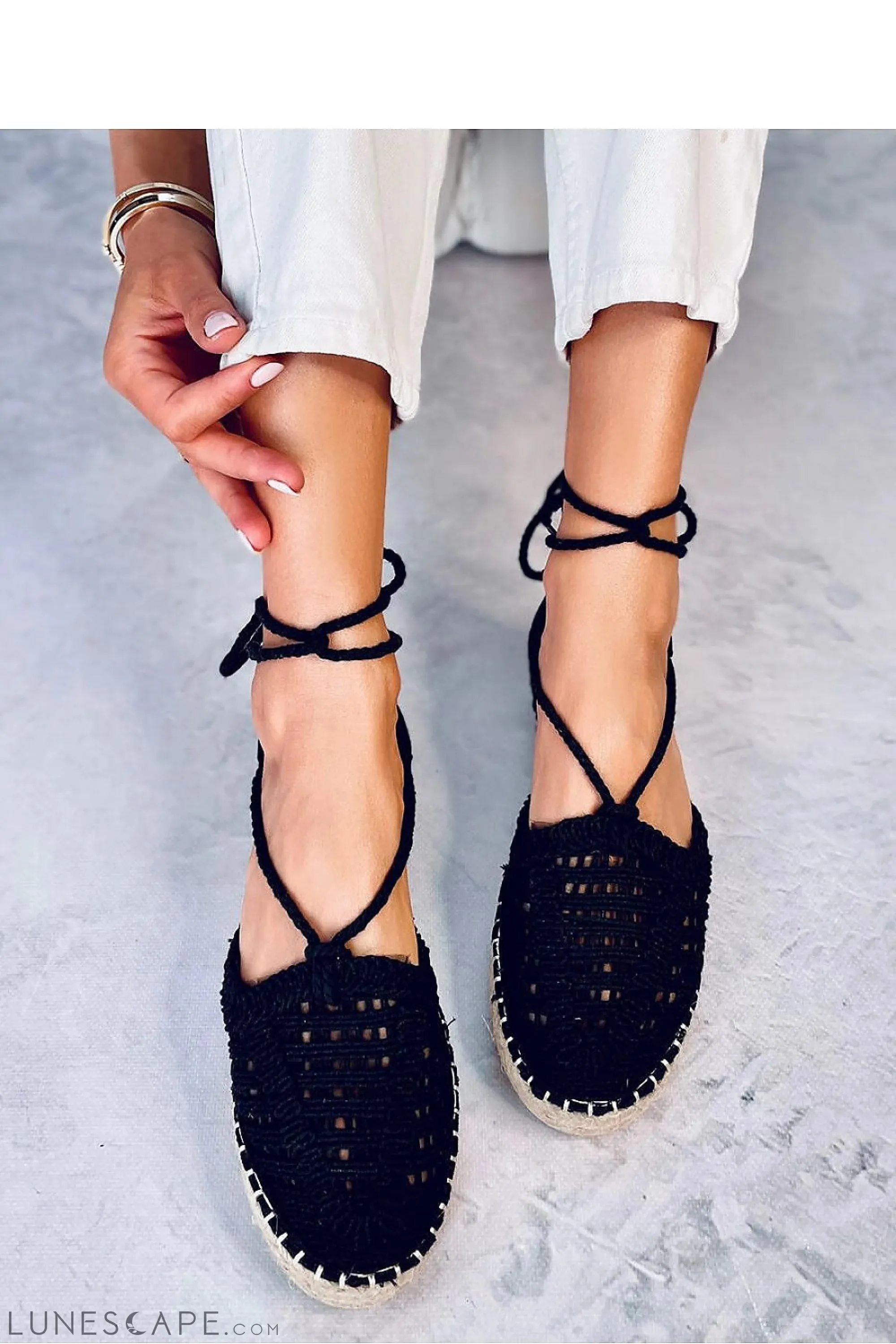 Black Macramé Tie-Up Espadrille Sandals with Braided Jute Platform
