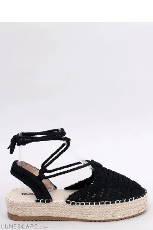 Black Macramé Tie-Up Espadrille Sandals with Braided Jute Platform