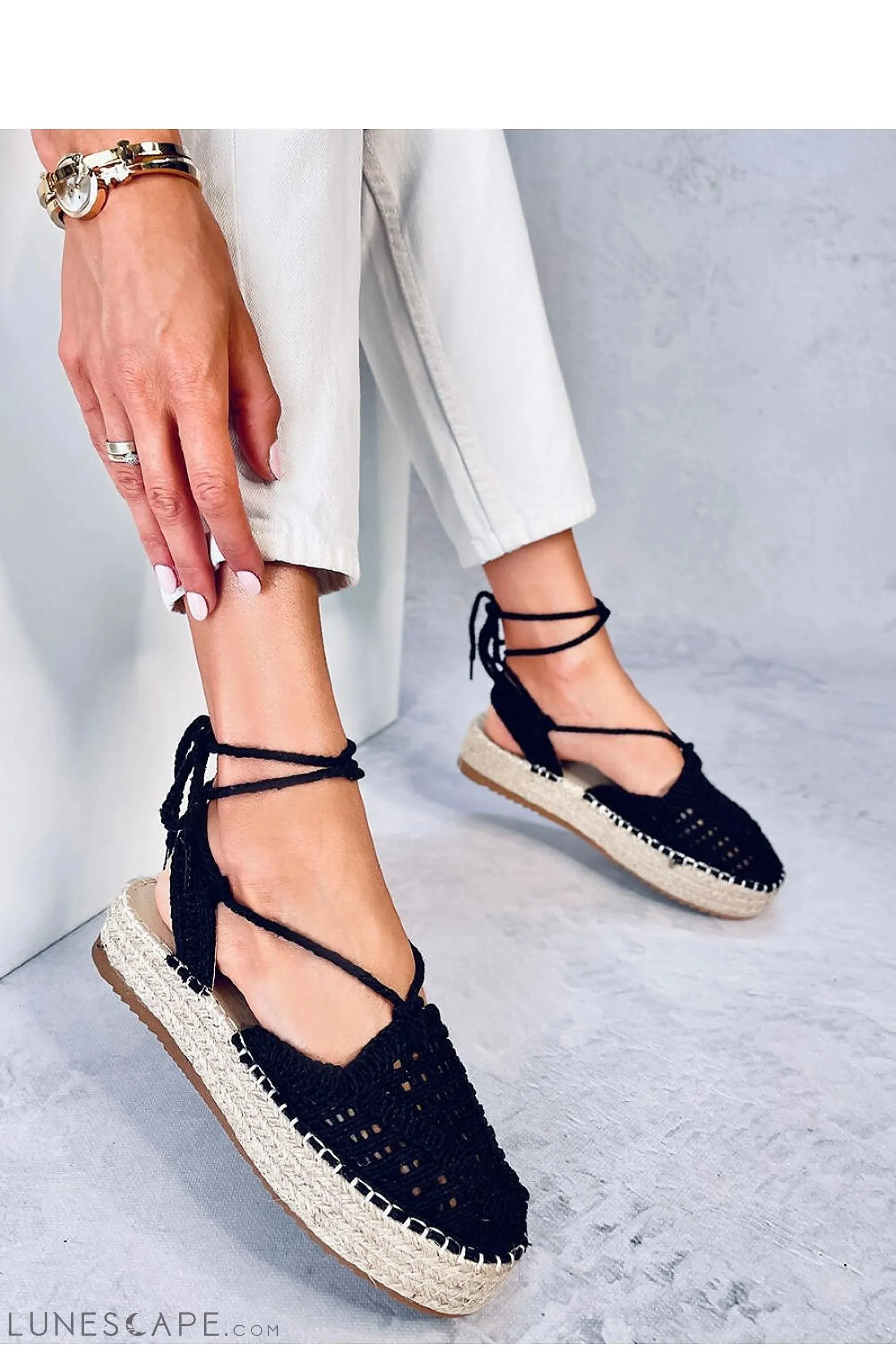Black Macramé Tie-Up Espadrille Sandals with Braided Jute Platform