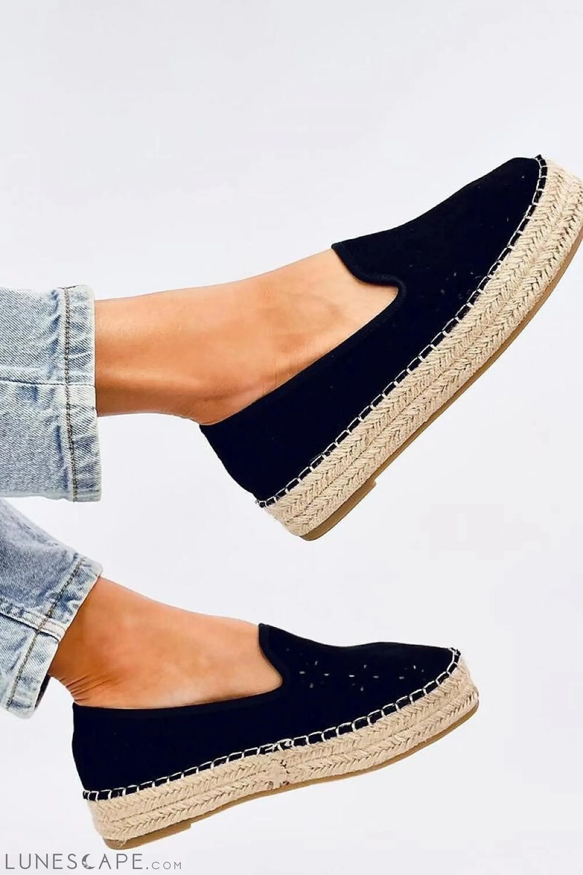Black Round Toe Toe Cutout Eco-Suede Women's Espadrille Flats