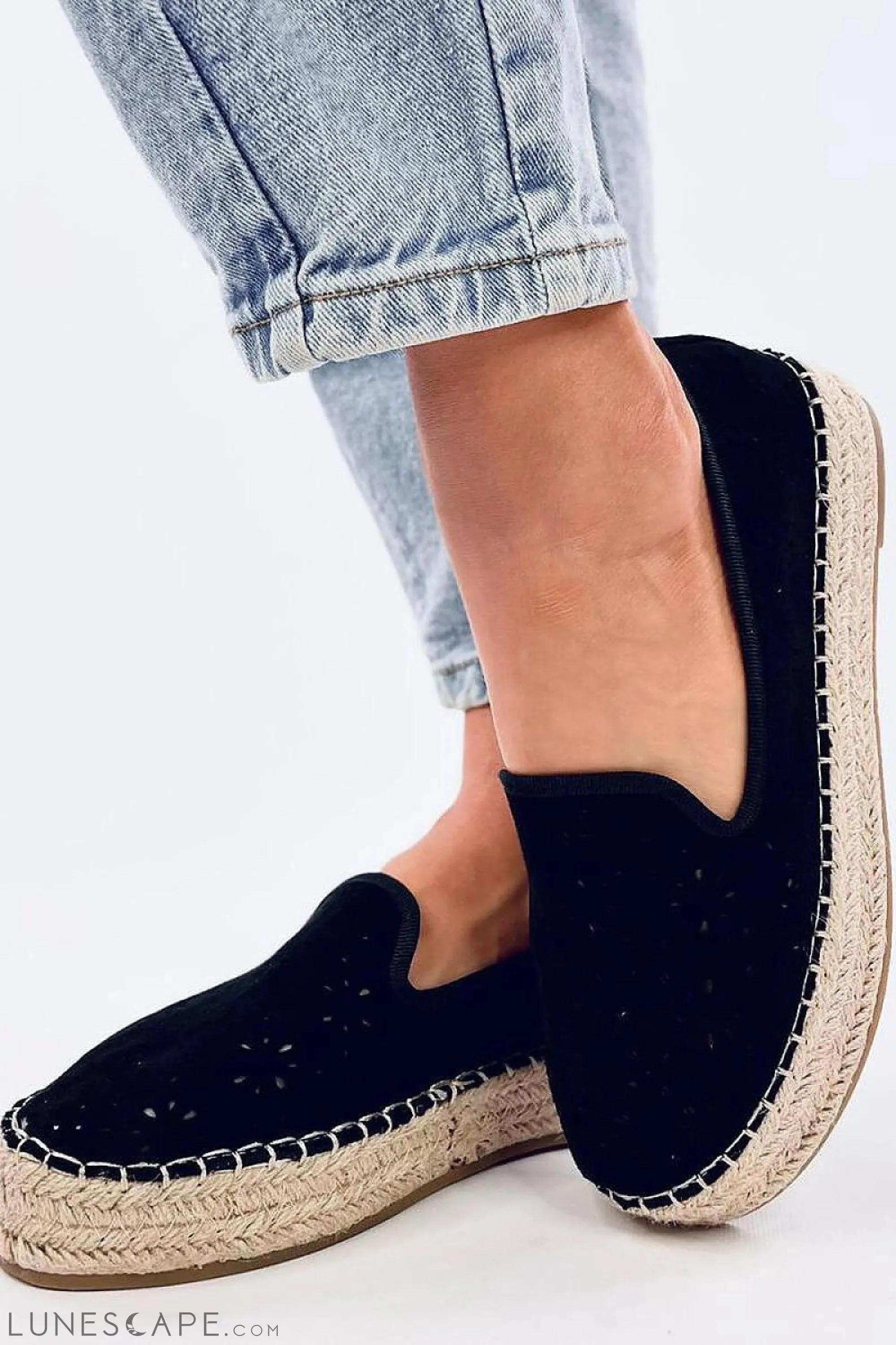 Black Round Toe Toe Cutout Eco-Suede Women's Espadrille Flats