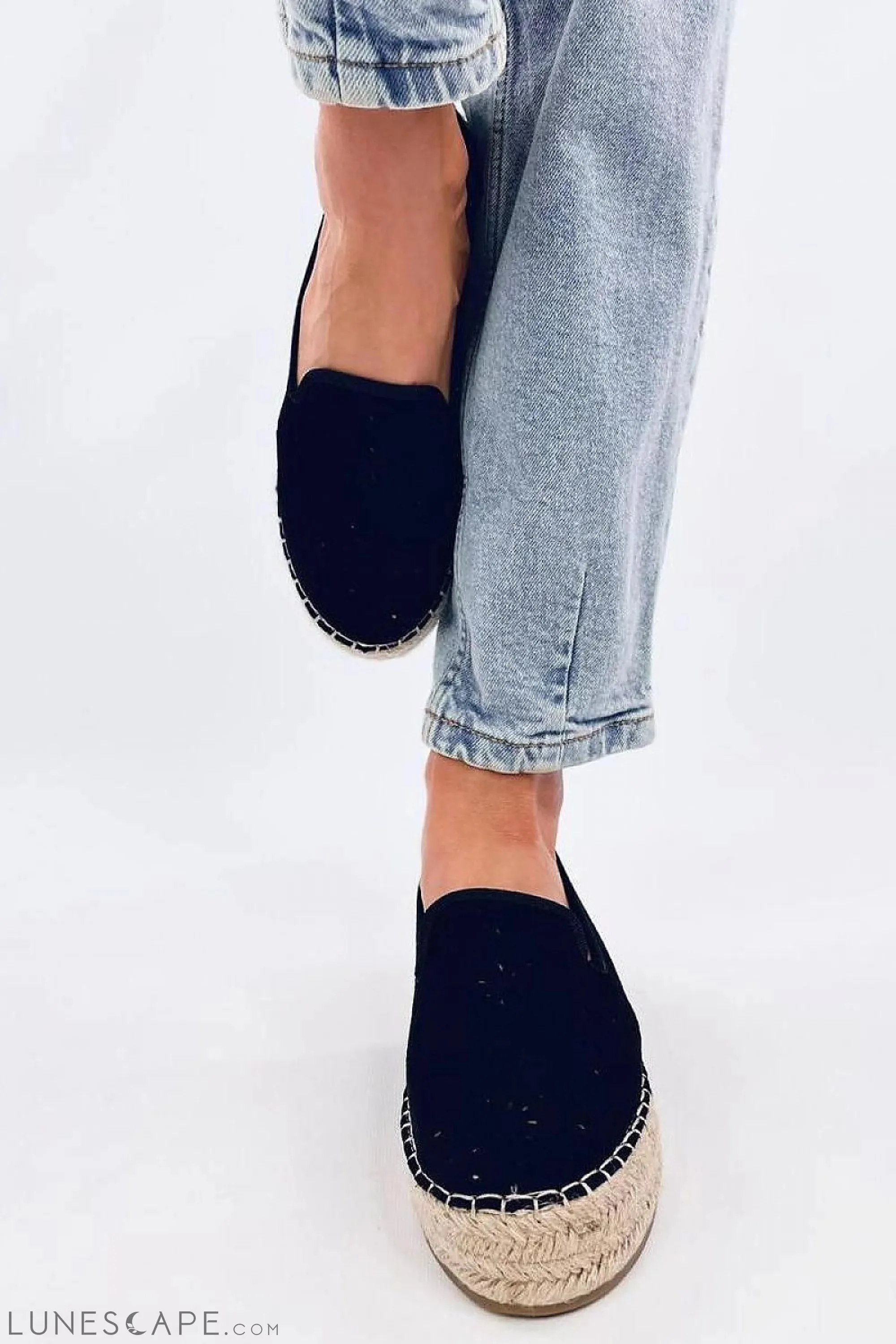 Black Round Toe Toe Cutout Eco-Suede Women's Espadrille Flats