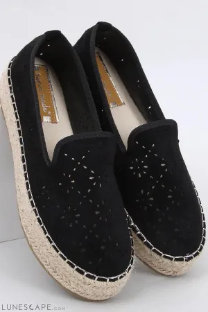 Black Round Toe Toe Cutout Eco-Suede Women's Espadrille Flats