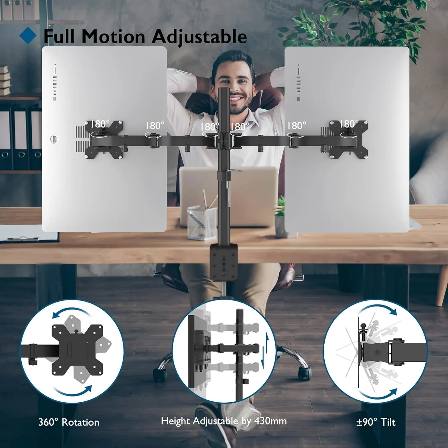 BONTEC Dual Monitor Desk Mount, Monitor Stand for 13–27 Inch LCD LED 2 Monitors, Ergonomic Full Motion Heavy Duty Double Arms Hold up to 22 lbs, VESA 75x75/100x100 mm