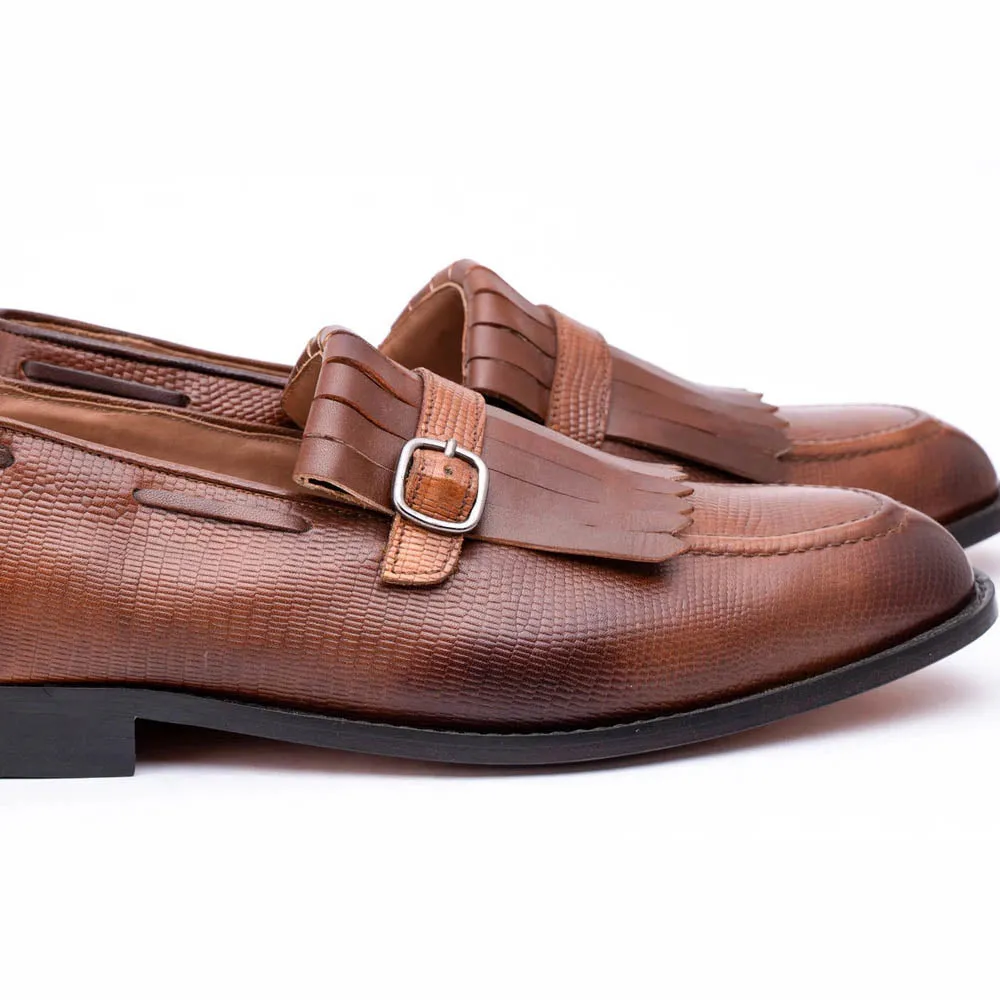 Brown Lizard Print Fringe Loafer