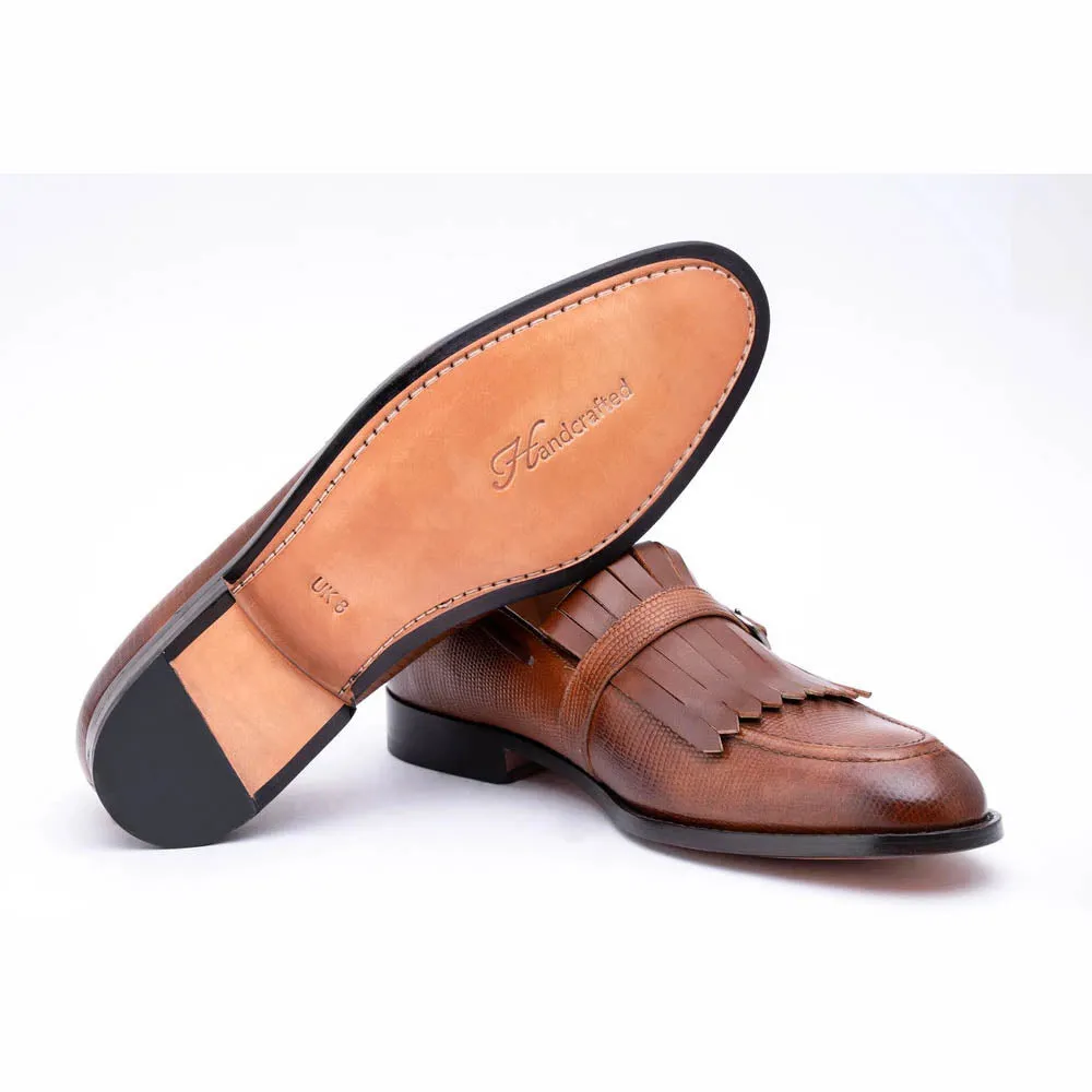 Brown Lizard Print Fringe Loafer