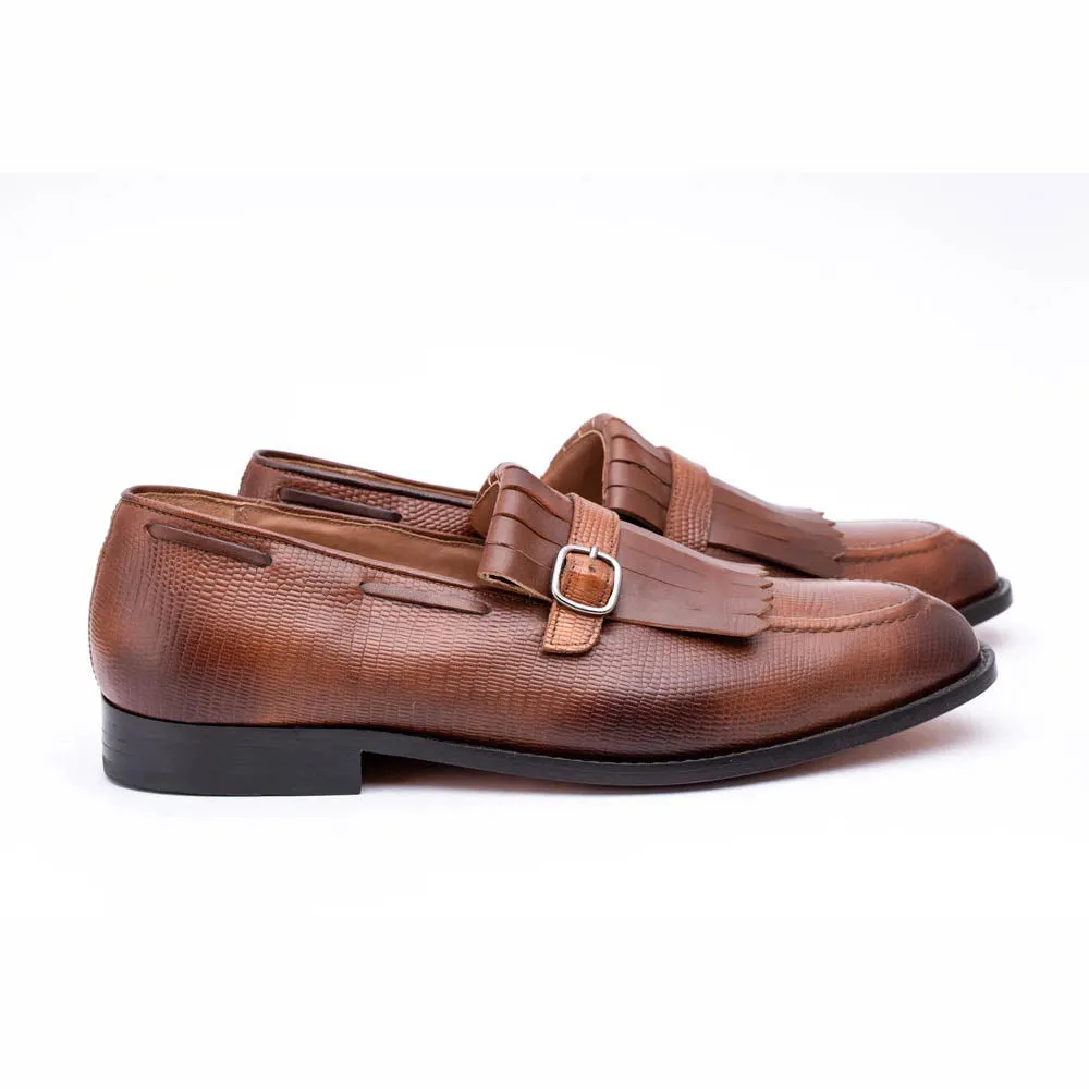 Brown Lizard Print Fringe Loafer
