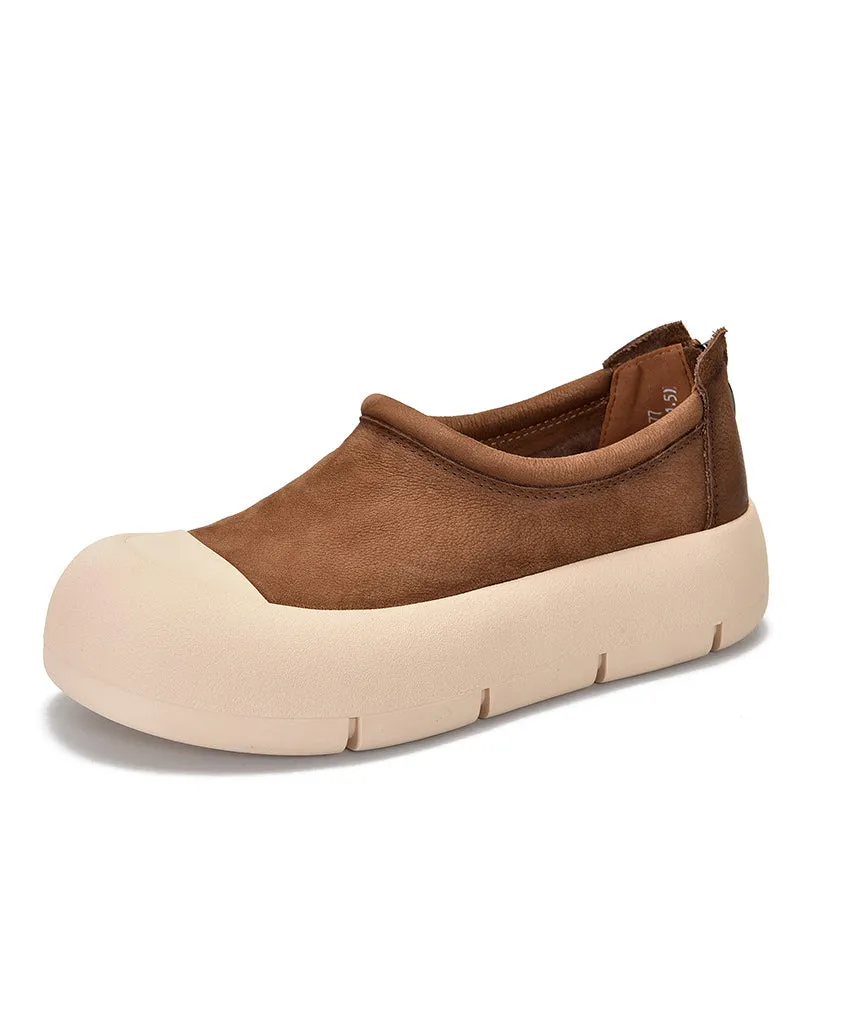 Brown Platform Cowhide Leather Simple Splicing Flat Shoes