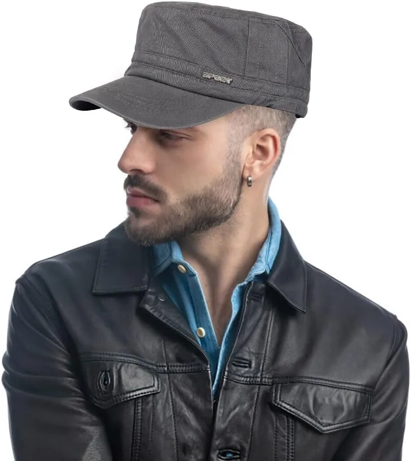 Cadet Army Caps Military Flat Top Caps Adjustable Military Style Hat Unisex Baseball Cap Outdoor Flat Cap for Men (Black)