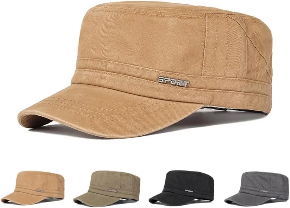 Cadet Army Caps Military Flat Top Caps Adjustable Military Style Hat Unisex Baseball Cap Outdoor Flat Cap for Men (Black)