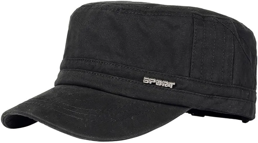 Cadet Army Caps Military Flat Top Caps Adjustable Military Style Hat Unisex Baseball Cap Outdoor Flat Cap for Men (Black)