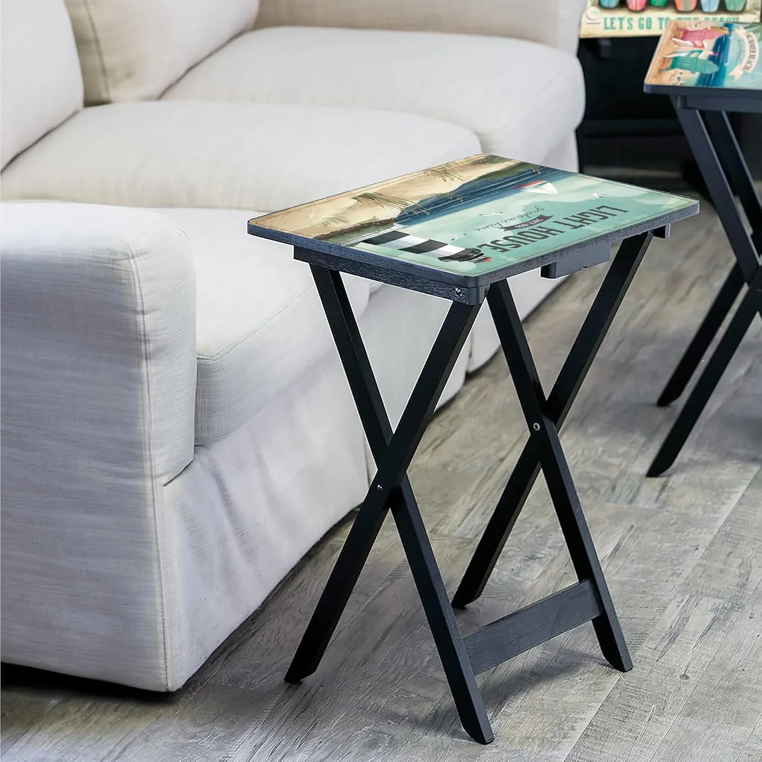 Cape Craftsmen Rectangular TV Trays Table | Set of 4 | Easy Folding Couch Trays with Storage Rack | Decorative Portabe Serving Tables for Home Activities (West Coast Beach)