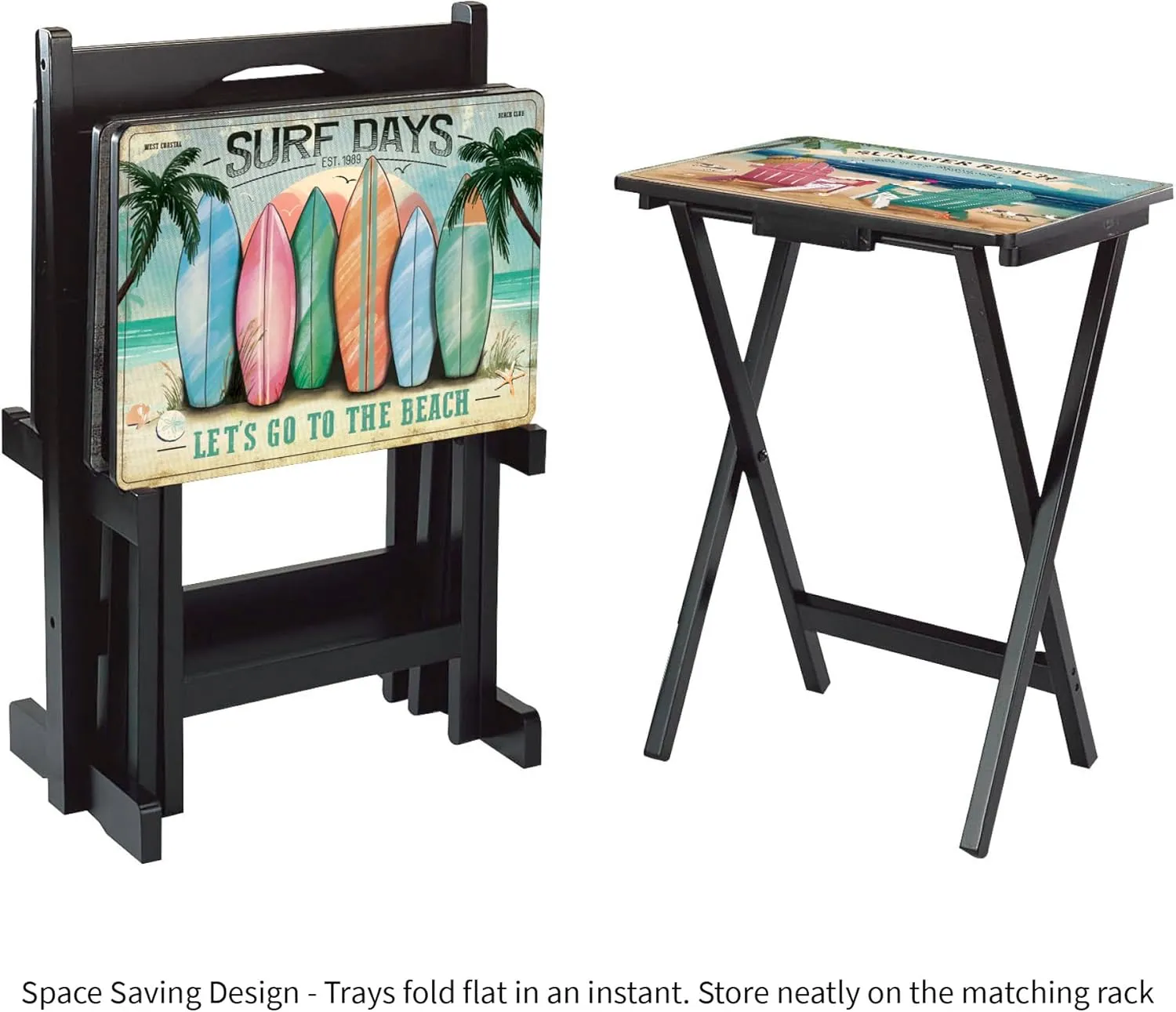 Cape Craftsmen Rectangular TV Trays Table | Set of 4 | Easy Folding Couch Trays with Storage Rack | Decorative Portabe Serving Tables for Home Activities (West Coast Beach)