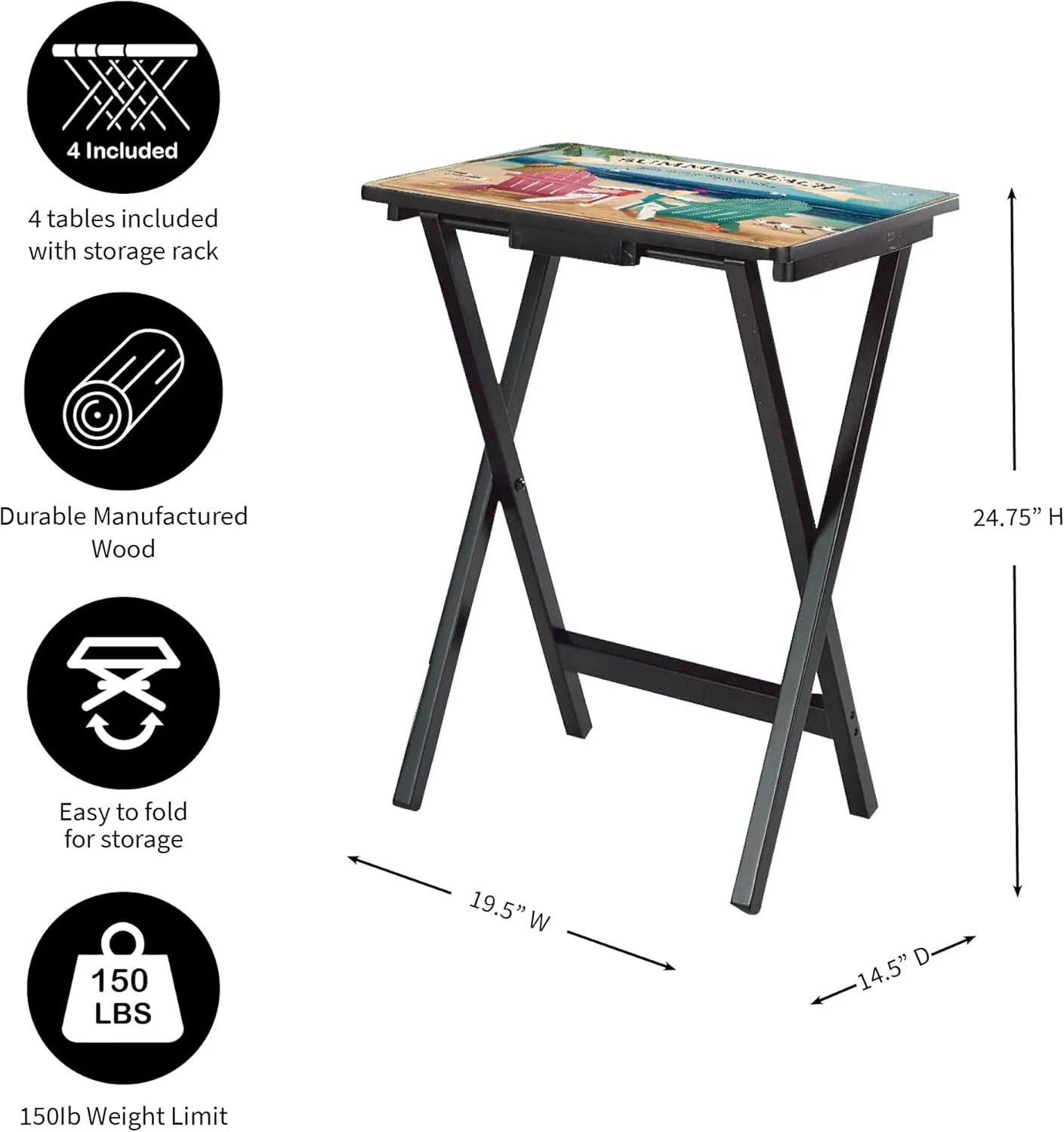 Cape Craftsmen Rectangular TV Trays Table | Set of 4 | Easy Folding Couch Trays with Storage Rack | Decorative Portabe Serving Tables for Home Activities (West Coast Beach)