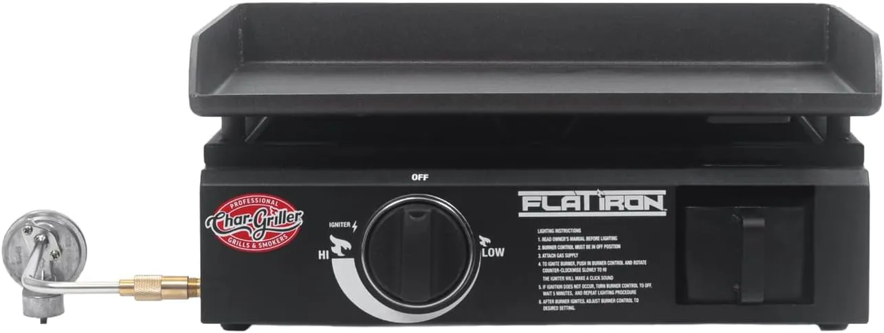 Char-Griller® Flat Iron 1-Burner Portable Propane Gas Flat-Top Griddle with Steel Griddle Top, Includes Electronic Ignition, 265 Cooking Square Inches in Black, Model E8217