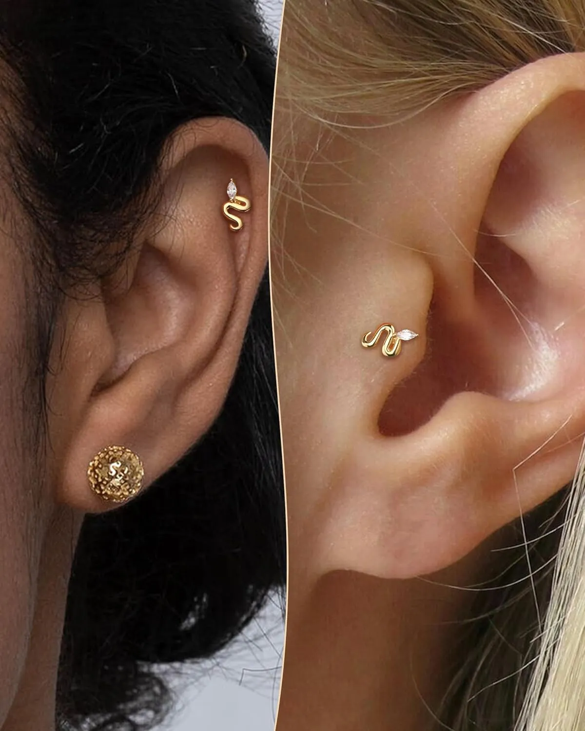 COCHARM 14K Real Gold Threadless Snake Helix Flat Conch Earring Stud Flat Back 16g Cartilage Earring Yellow Gold Push Pin Cartilage Piercing 8mm 6mm Conch Piercing Jewelry