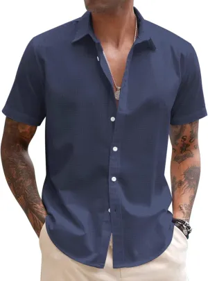 COOFANDY Men's Linen Casual Short Sleeve Shirt Button Down Summer Beach Wedding Shirts