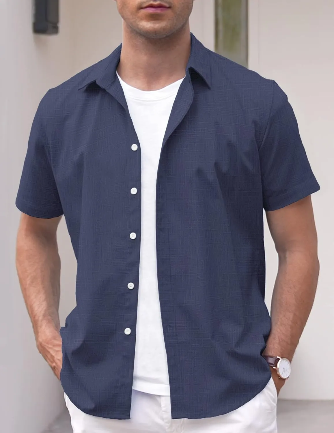 COOFANDY Men's Linen Casual Short Sleeve Shirt Button Down Summer Beach Wedding Shirts