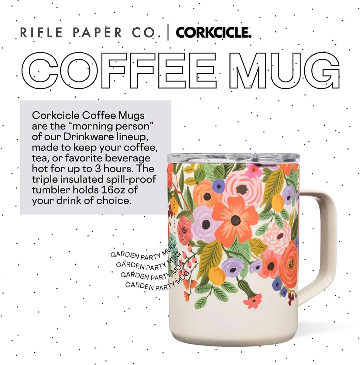 Corkcicle x Rifle Paper Co. Triple Insulated Coffee Mug with Lid and Handle, Garden Party, 16 oz – Stainless Steel Travel Mug Keeps Beverages Hot for 3  Hours – Non-Slip, Easy-Grip, Spill-Resistant