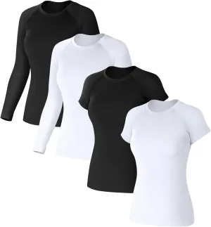 Coume 4 Pack Women's Compression Shirts Dry Fit Long/Short Sleeve Workout T-Shirt Athletic Top Baselayer Sport Yoga Gym Gear