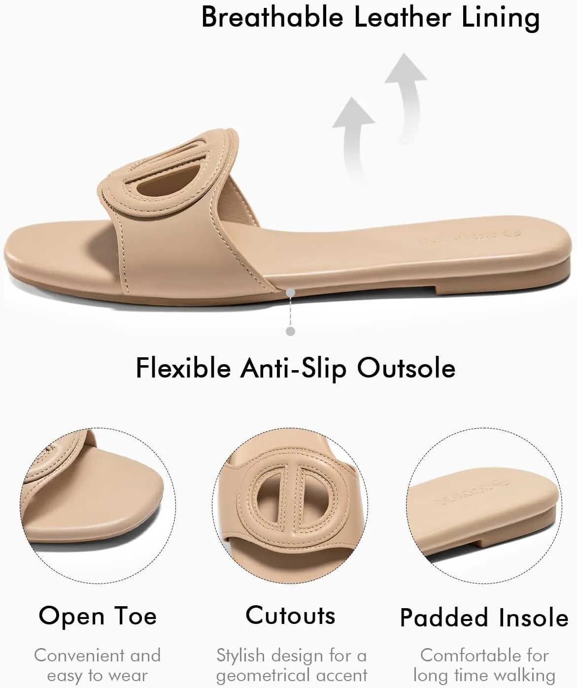 Coutgo Womens Dressy Flat Sandals Open Toe Slip on Leather Summer Beach Slide Sandals