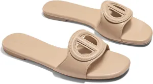 Coutgo Womens Dressy Flat Sandals Open Toe Slip on Leather Summer Beach Slide Sandals
