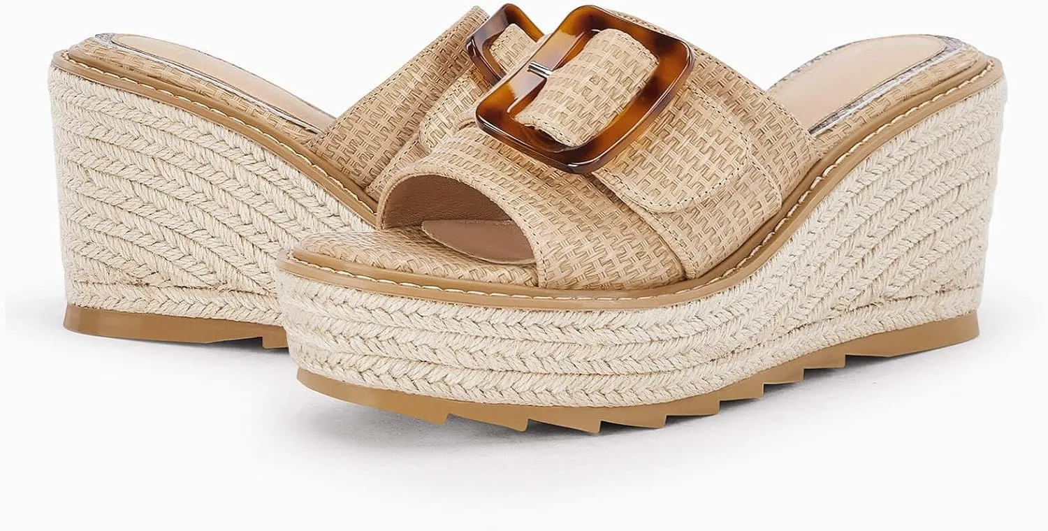 Coutgo Women's Wedge Platform Espadrille Slide Sandals Slip On Open Toe High Heels Buckle Casual Summer Shoes