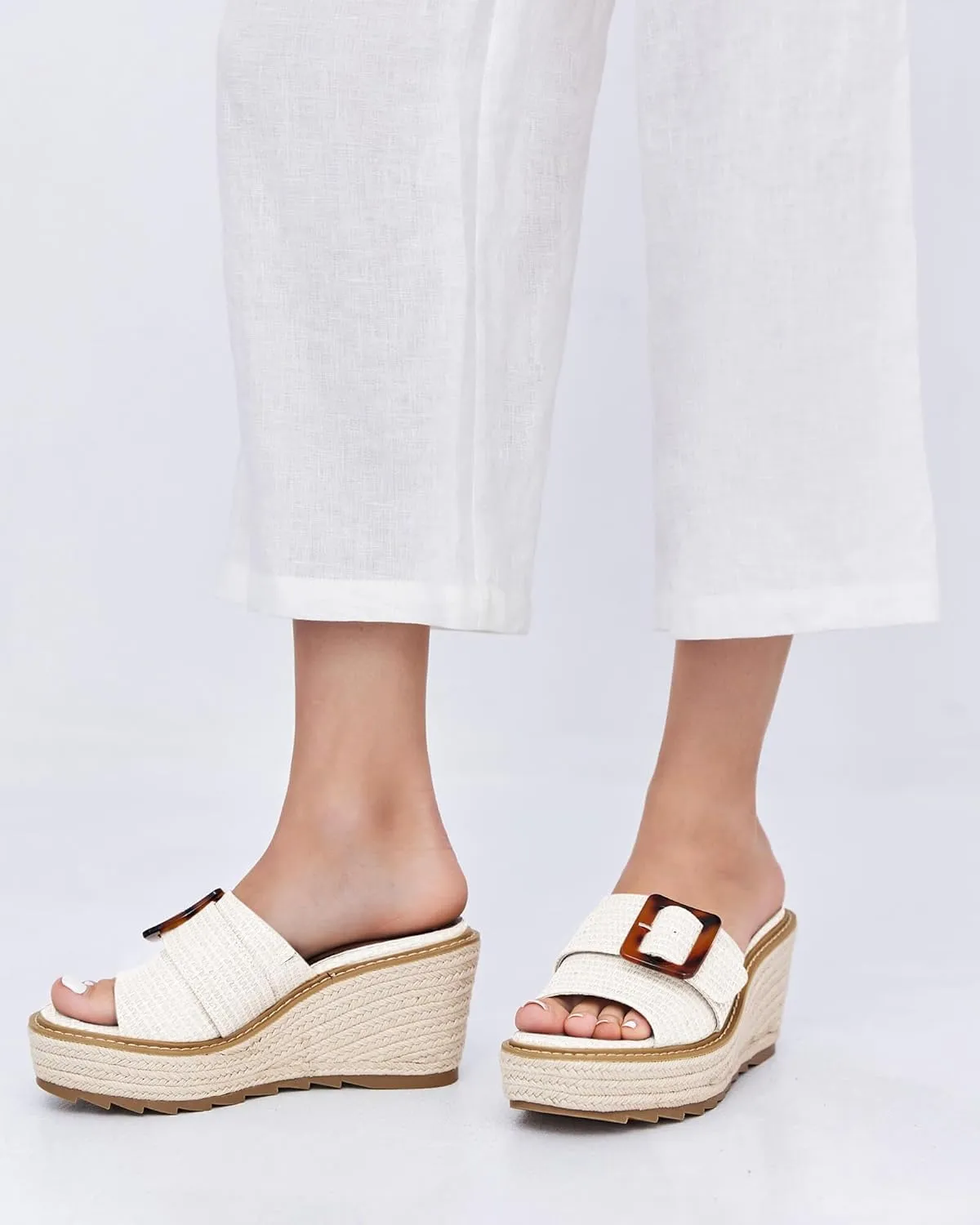 Coutgo Women's Wedge Platform Espadrille Slide Sandals Slip On Open Toe High Heels Buckle Casual Summer Shoes