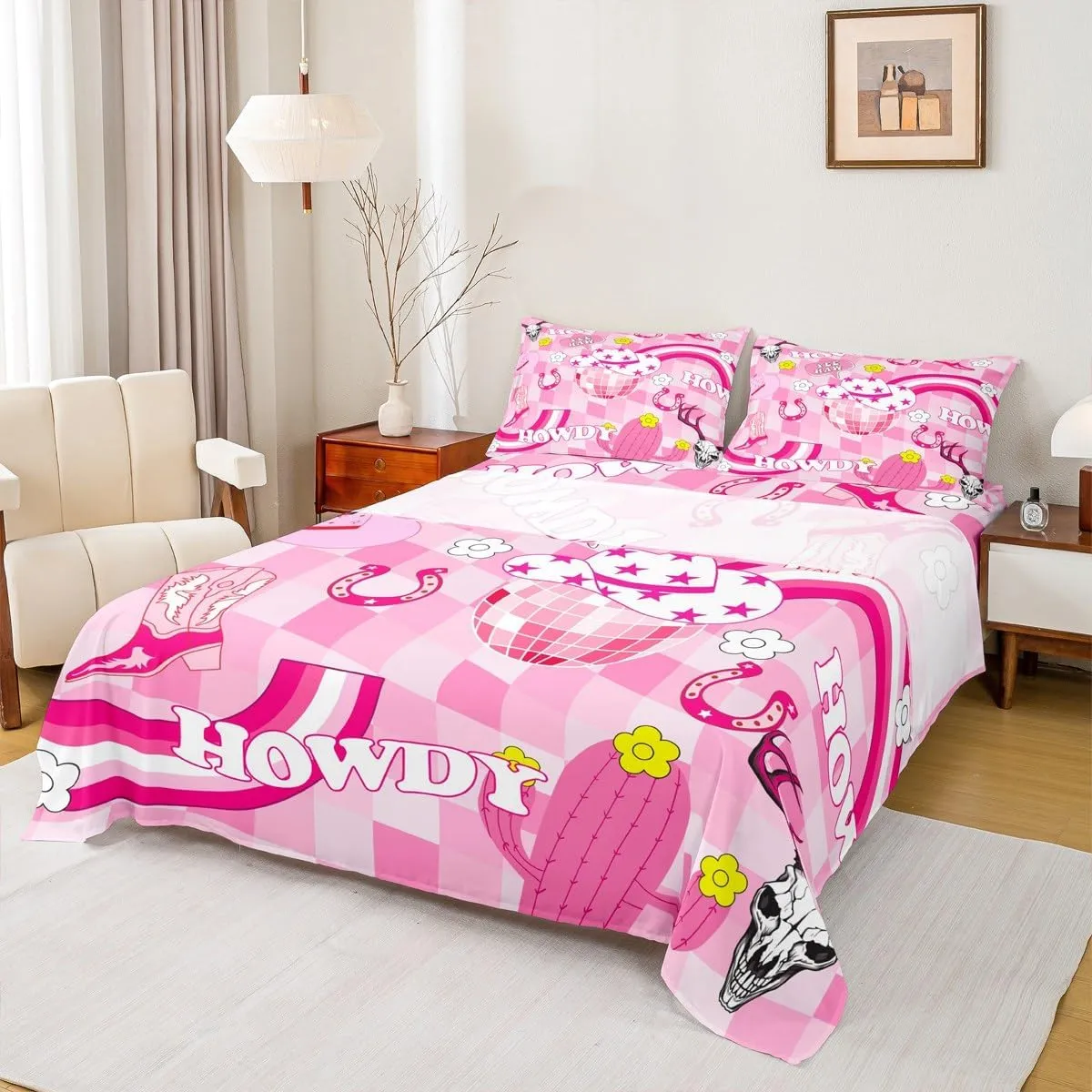 Cowgirls Sheet Set Twin Size, Western Cowgirl Boots Hat Horseshoe Bedding Set, Hot Pink Daisy Cactus Cow Skull Bed Sheet Set 3pcs with Deep Pocket Fitted, Flat and 1 Pillowcase, Kids Girl Room Decor