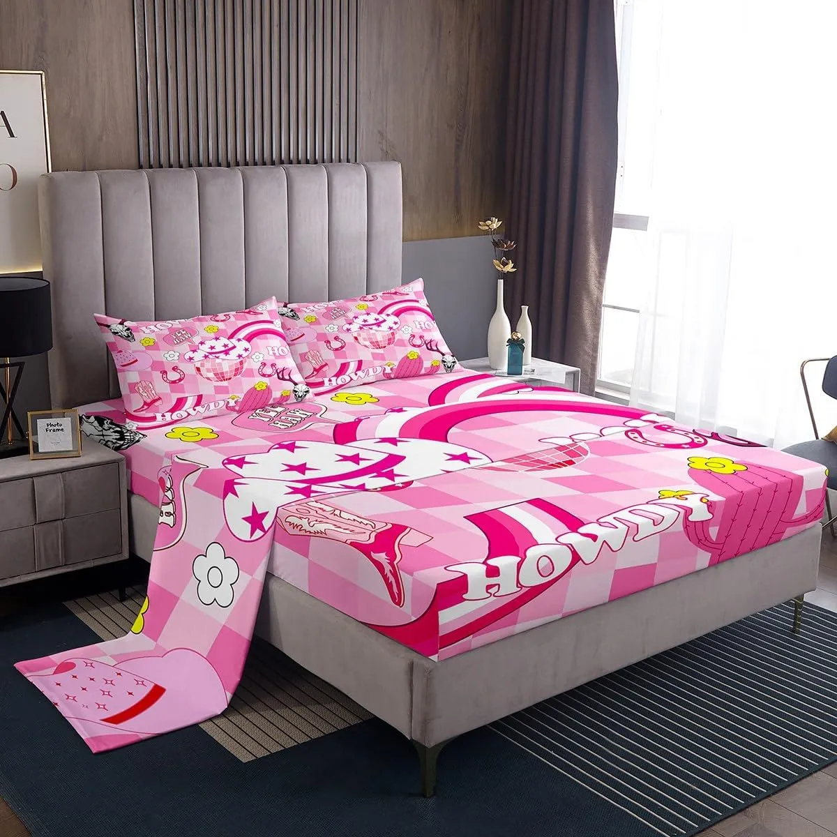Cowgirls Sheet Set Twin Size, Western Cowgirl Boots Hat Horseshoe Bedding Set, Hot Pink Daisy Cactus Cow Skull Bed Sheet Set 3pcs with Deep Pocket Fitted, Flat and 1 Pillowcase, Kids Girl Room Decor